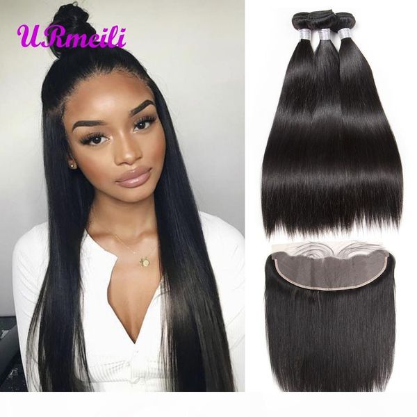 

malaysian straight virgin hair bundles with frontal hdtransparent lace frontal dhgate remy human hair 3 4 bundles with frontal closure, Black;brown
