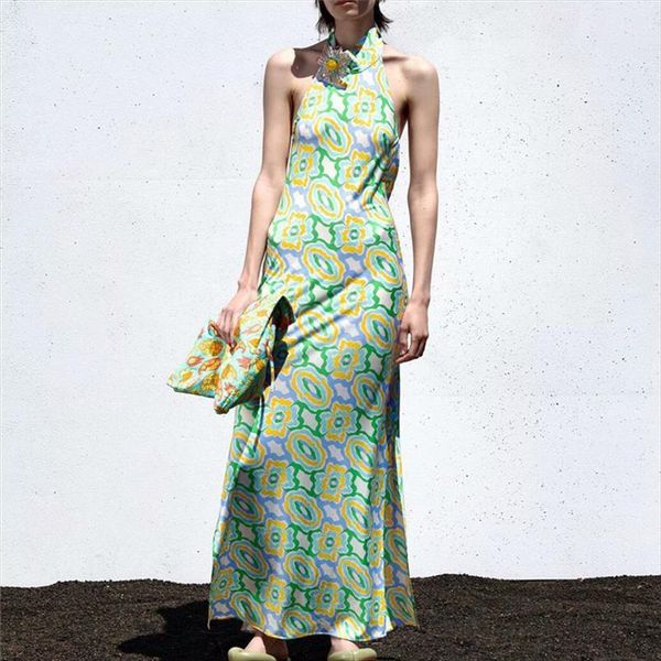 

casual green halter print long women dress summer fashion backless beach female sleeveless midi, Black;gray