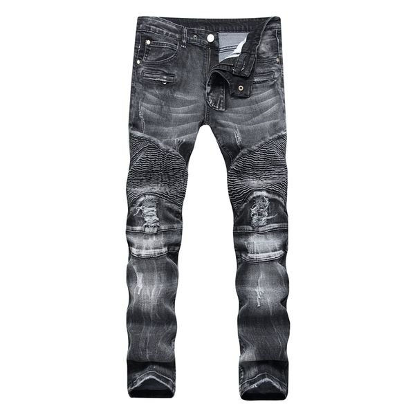 

trade classic retro jeans men straight slim zipper decoration light fold skinny denim pants fashion stretch hip hop jogger 210716, Blue