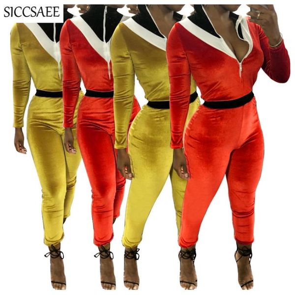 

women's jumpsuits & rompers autumn winter pleuche velour bandage for women zipper front turtleneck bodycon bodysuit velvet patchwork, Black;white