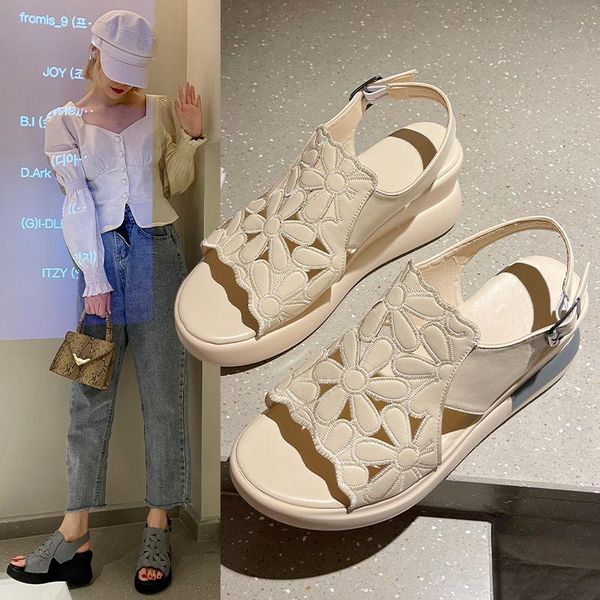 

sandals slope heel women's summer fashion hollow out thick soled shoes casual high heels fish mouth, Black