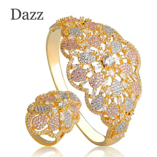 

earrings & necklace dazz luxury bridal jewelry sets three tones big size bangle finger rings full cubic zircon copper hand, Silver