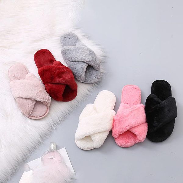 

slippers 2021 winter women soft plush furry cross band 1.5cm heel fur shoes indoor ladies platform open toe fluffy house slippe pink, Black