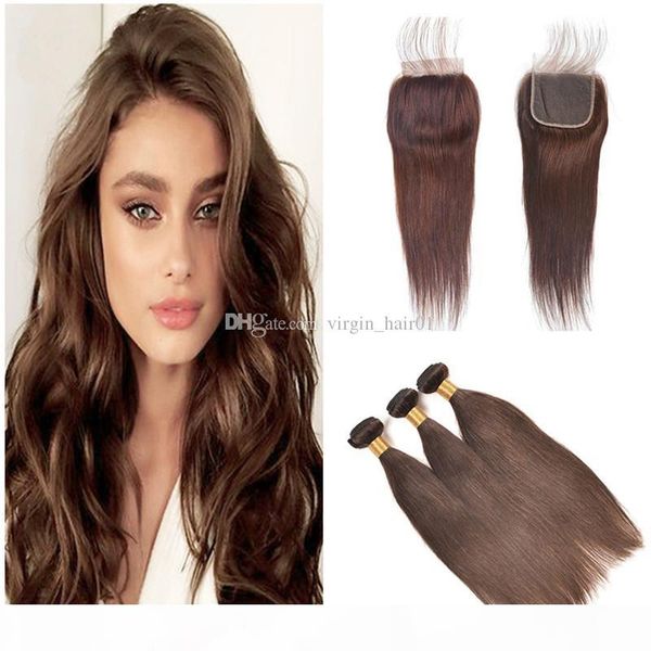 

brazilian straight hair 3 bundles with lace closure three part color 4 natural brown peruvian virgin human hair weave with lace closure, Black;brown