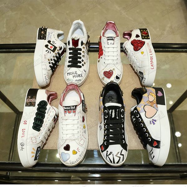 Erkek portofino saranyum yama spor ayakkabı tasarımcısı beyaz ayakkabılar İtalya Üçlü deri portofino baskılı spor ayakkabı Kralı aşk çiçek elmas platform kadınlar rahat ayakkabı