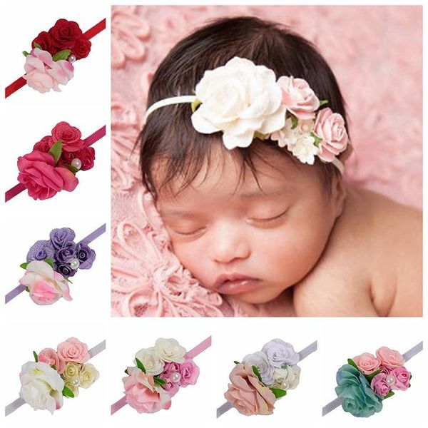 

baby chiffon rose flower headbands headband lovely elasticity children girls elegant pearl hair band kids hair accessories headwear, Slivery;white