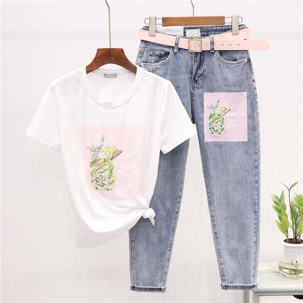 

two piece dress summer casual set women beading print t shirt + slim pencil denim pants sets fashion cotton jeans pant 2pc female, White