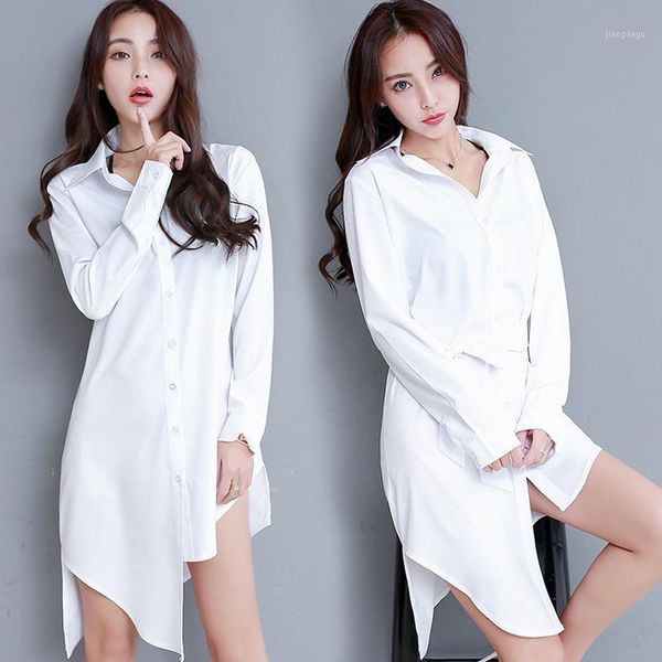 

women's blouses & shirts autumn spring white shirt long-sleeved mid-length pajamas irregular loose slimming plus size blusas