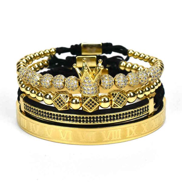 

bangle bracelets punk style copper inlaid zirconium crown diamond ball double row leather braided couple, Golden;silver