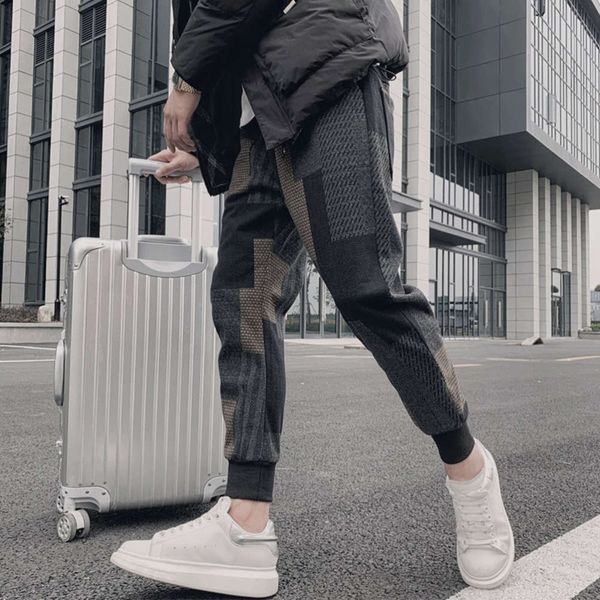 

fashion brand men's corset stitching overalls korean trend wool loose leisure sports dress compression pants mens joggers, Black