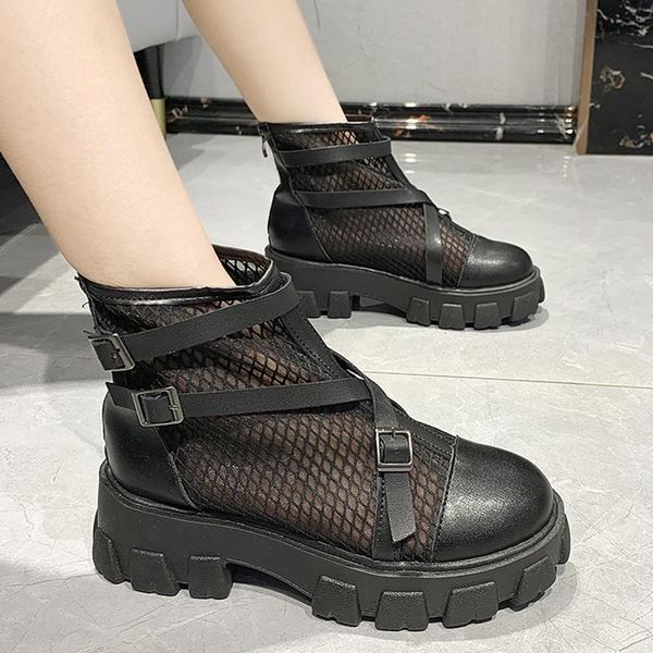 

boots rimocy fashion double buckle mesh ankle women hollow out chunky platform woman summer breathable square heel botas, Black