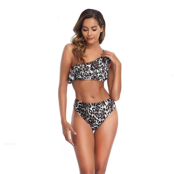 

ruffled high waist one bikini push women up shoulder swimwear swimsuits 2 piece leopard printed bathing suits 2021, White;black