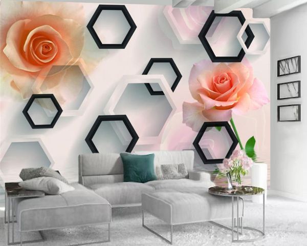 Papel de parede 3D floral preto branco hexágono flor 3d wallpaper clássico 3d papel de parede para decoração interior sonhadora e elegante