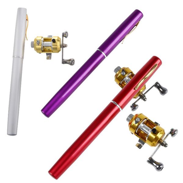 

mini pocket pen fishing rod pole with golden baitcasting reel set-red