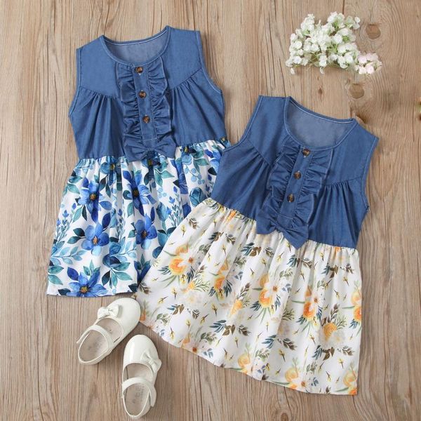 

girls dresses lovely kid girls jean denim flower ruffled dress sleeveless denim patchwork floral princess dress clothes, Red;yellow