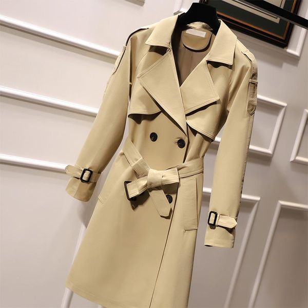

women's trench coats [ewq] 2021 autumn ladies solid korean mid-length coat turn down collar double-breasted simple cufflink windbreaker, Tan;black