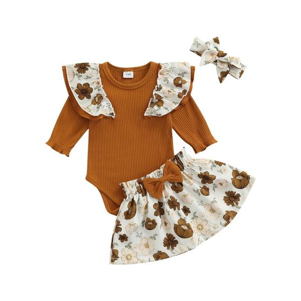 

clothing sets born baby girl clothes set fashion floral skirt ruffle romper headband 3pcs autumn toddler infant outfits, White