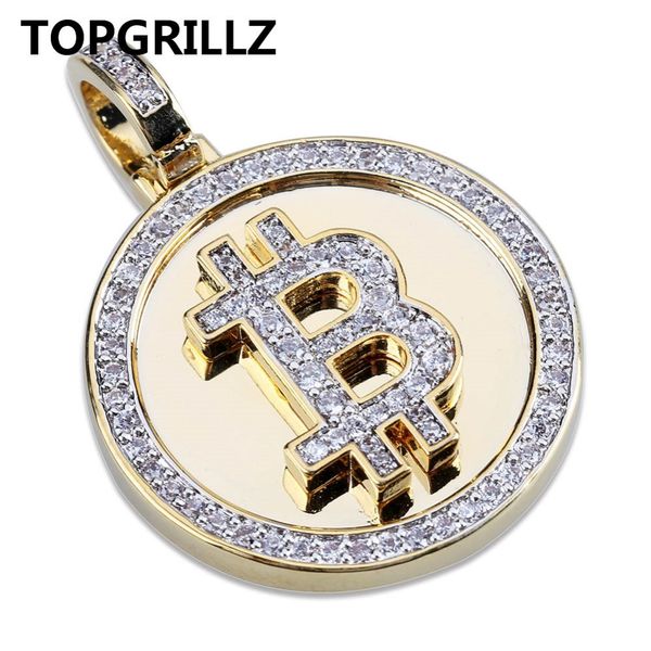TOPGRILLZ Hip Hop Placcato color oro Iced Out Micro Pave Zirconia Round Bitcoin Collana con ciondolo per uomo Tre catene X0509