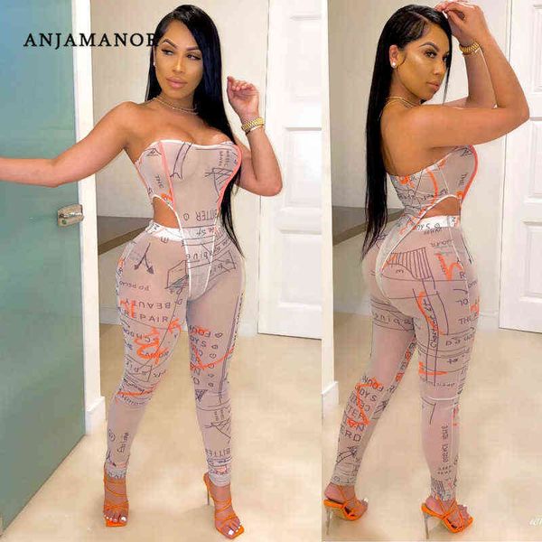 

anjamanor nude mesh see through matching sets for women two piece set bodysuit and leggings club outfits d57-ca17 211116, Gray