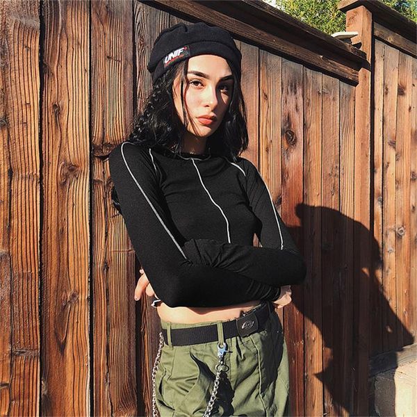 

party club style streetwear short female black t-shirts cut-off ladies clubwear thin upper f2k4, White