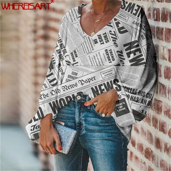 

women's blouses & shirts whereisart spaper 3d printed women casual long sleeve lantern blouse femme large size v-neck chiffon summer s, White