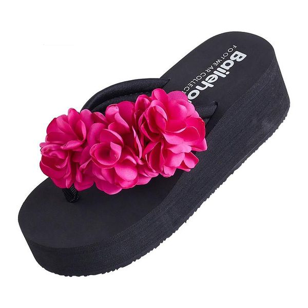 

slippers women flip flops summer high heel handmade bohemia anti-skid rubber bottom women's flower beach, Black