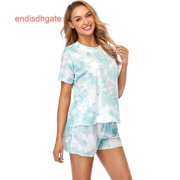 

sleeve tie dyed housewear pajamas suit ruffle short two piece round neck pullover lady, Black;white