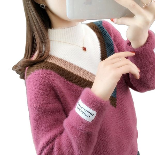 

2021 new korean style autumn spring sweaters for women patchwork knitted jumpers o neck thick long sleeve casual pullovers female 7veb, White;black