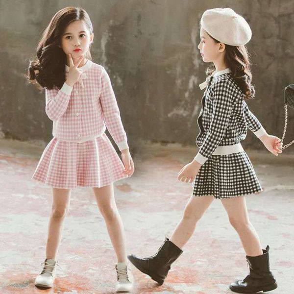 

3-10 years old spring fall baby vintage temperament knitted round neck suit girl's grid coat + skirt two-piece set kids, White