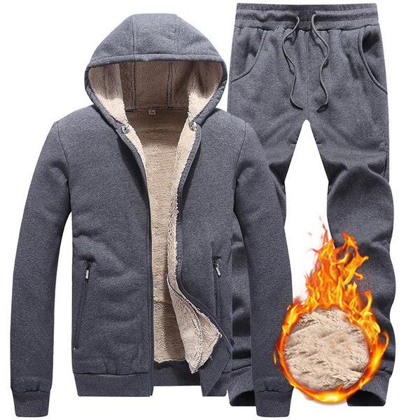 

winter men sets fleece sportwear suit jacket+pants warm mens sport tracksuit set casual hoodie thick brand clothes, Gray