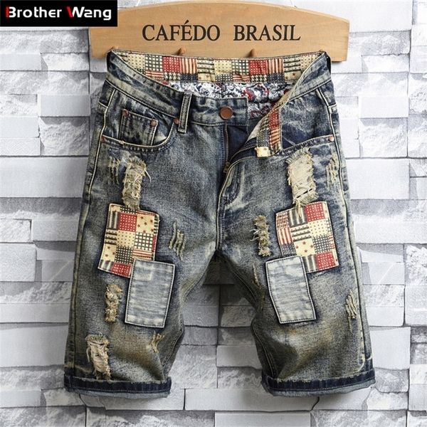 

brand men's retro style ripped denim shorts summer new fashion casual hole patch jean shorts male brand clothes 210315, White;black