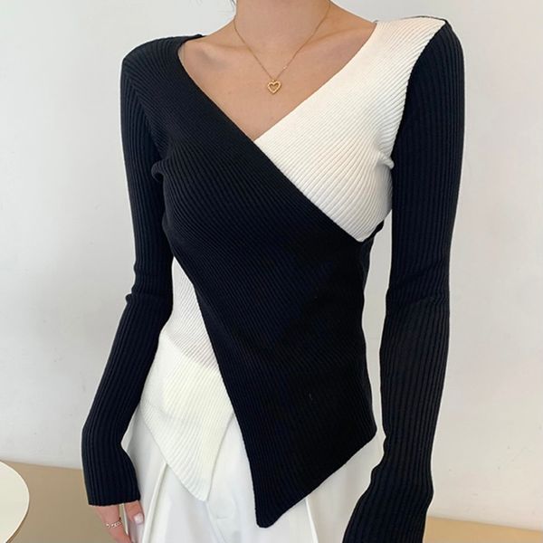 

women's knits & tees korean version of retro deep v-neck cross-leakage collarbone black and white hit color slim casual long-sleev