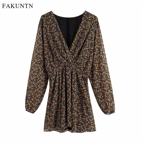 

casual dresses 2021 floral print women dress autumn winter fashion v neck high waist long sleeve vintage short for, Black;gray