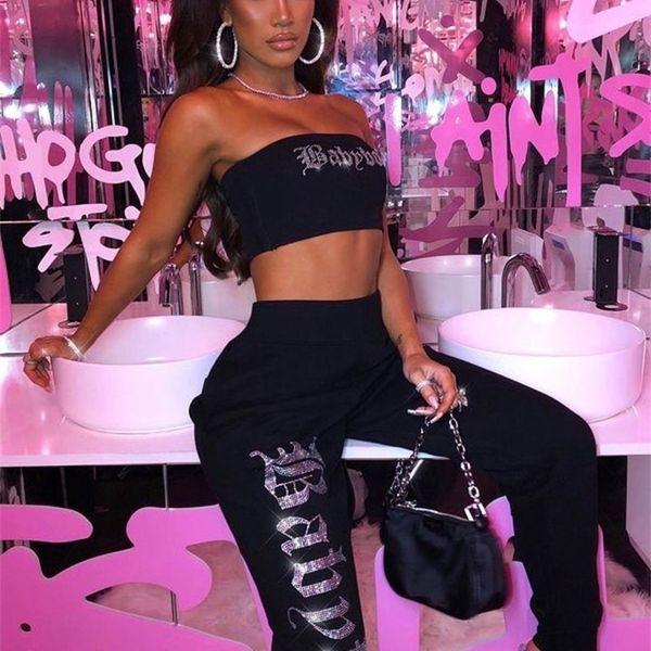 

sruby winter diamond two piece set crop and tracksuit joggers 2 pants s jogging long suits women sweater 220315, White