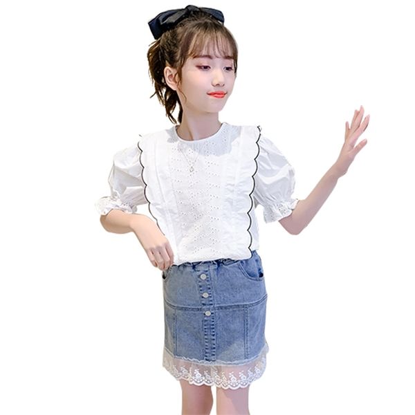 

clothes for girls lace tshirt + denim skirt costume patchwork tracksuit girl summer children's casual style 210527, White