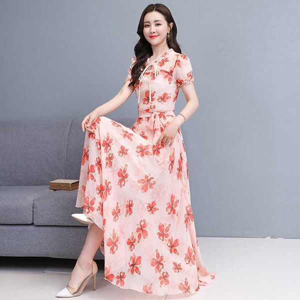 

summer arrival round collar short sleeve flower printed chiffon long dress plus size 210531, Black;gray