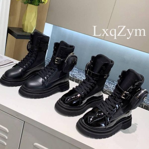 

boots women brand pocket ankle black platform genuine leather round toe lace up zipper lady shoes winter motorcycle