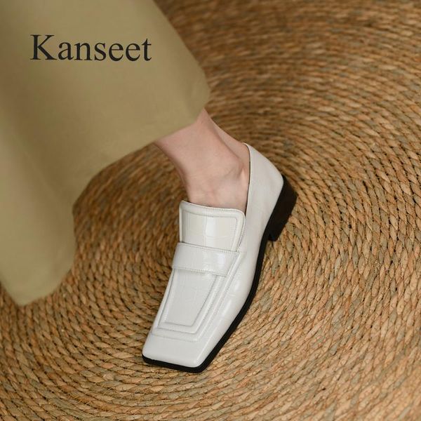 

dress shoes kanseet autumn women's square toe mature genuine leather handmade office lady low heels female footwear beige size 40, Black