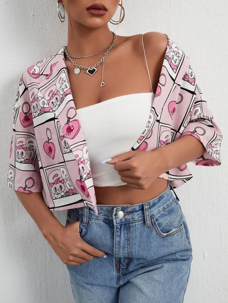 

plaid & cartoon graphic lapel collar crop blouse c3da#, White