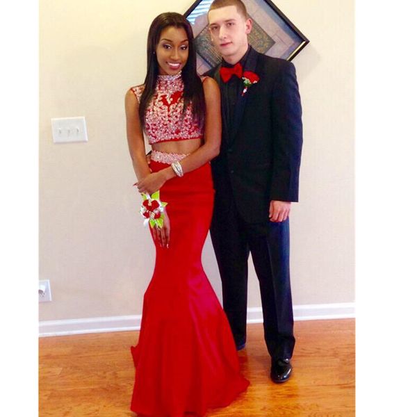

majored beaded two pieces prom dresses mermaid style high neck sweep train sparking crystal formalparty evening gowns vestidos de longo, Black