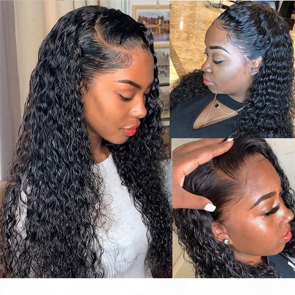 

water wave curly 180 density 13x6 lace front human hair wigs pre plucked natural hairline brazilian virgin hair 360 wigs, Black