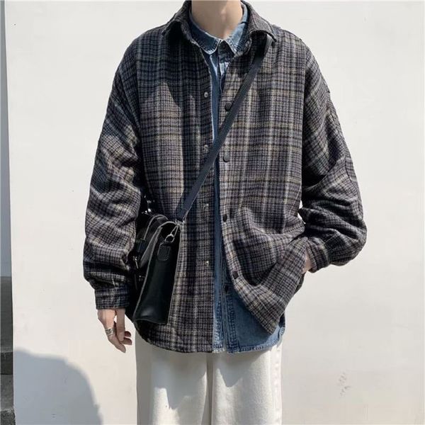 

2021 new autumn plaid men's fashion retro casual korean short coat men streetwear wild loose woolen jacket mens overcoat uf4y, Black