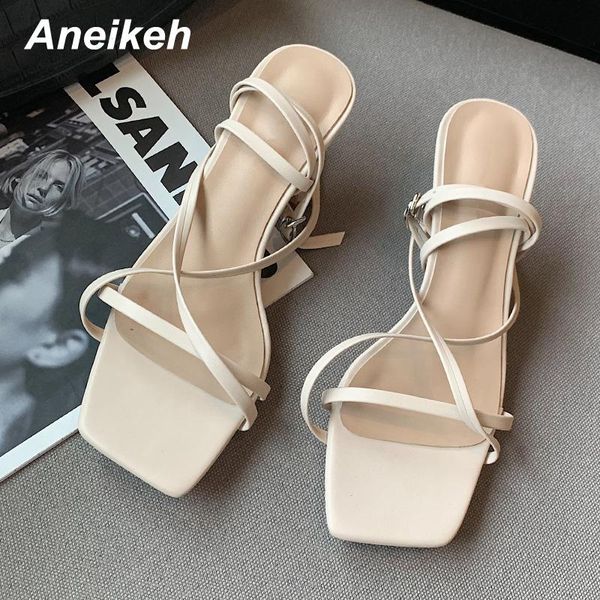 

aneikeh 2021 women shoes new fashion squared toe concise thin heels solid pu bling party gladiator buckle strap sandals apricot, Black