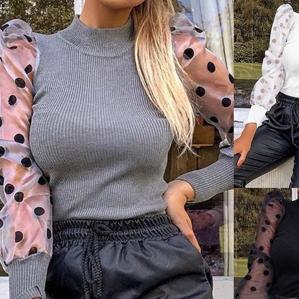 

2021 casual dot print mesh puff sleeve transparent knitted sweater pullover fall winter women turtleneck sweater ribbed sweater, White;black