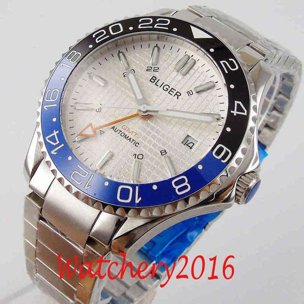 

winding self bliger 41mm brand white wizard card men's watch saffier glass gmt hand rotating bezel mental bracelet, Slivery;brown