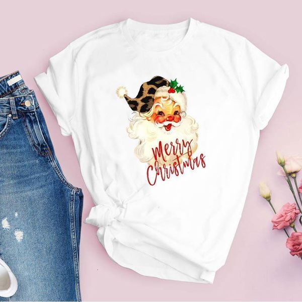 

tees for women print leoaprd classic santa claus 90s merry christmas clothes lady clothing female t shirt graphic t-shirt, White