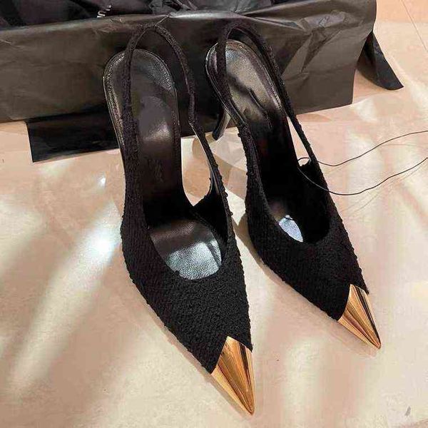 

high heels casual sandals shoes women's shoes rose park caiying's same 2022 early spring metal pointed thin shallow mouth single s, Black