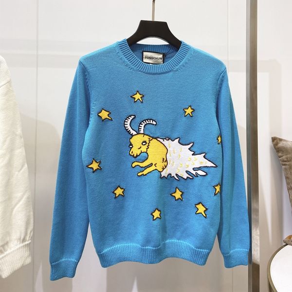 

2021g family star tauren embroidered round neck sweater girl's pullover knitted long sleeve net redli, White;black