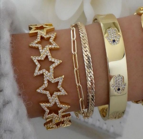 

bangle selling 18k gold plated star charm hollow out cubic zirconia wide bracelet jewelry, Black