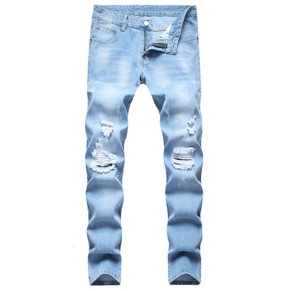

mens jeans fashion skinny denim pants bleached holes jeans slim fit denim jean pants dropshipping, Blue